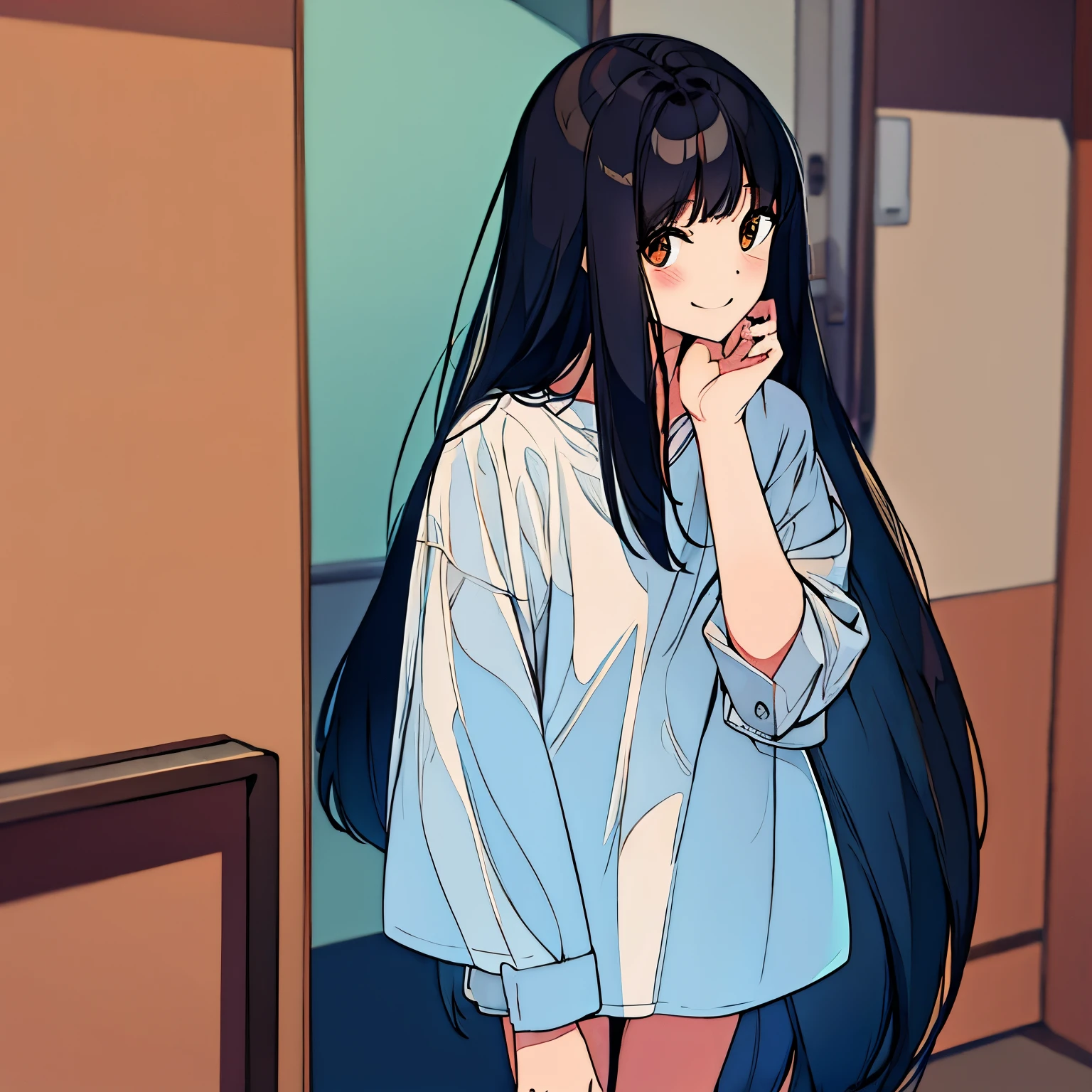 Long black hair, brown eyes, smile, baggy shirt