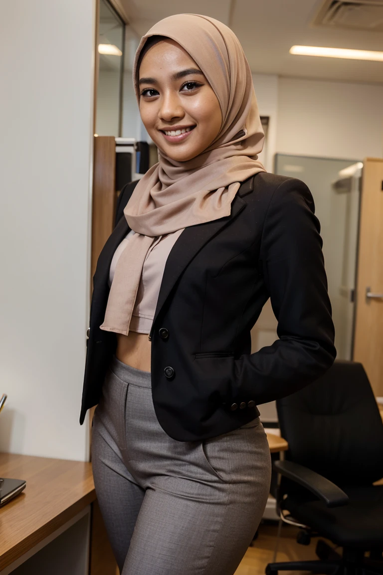 24 year old teenage malay woman with hijab,smiling,wearing jacket,wearing tight pants,office background