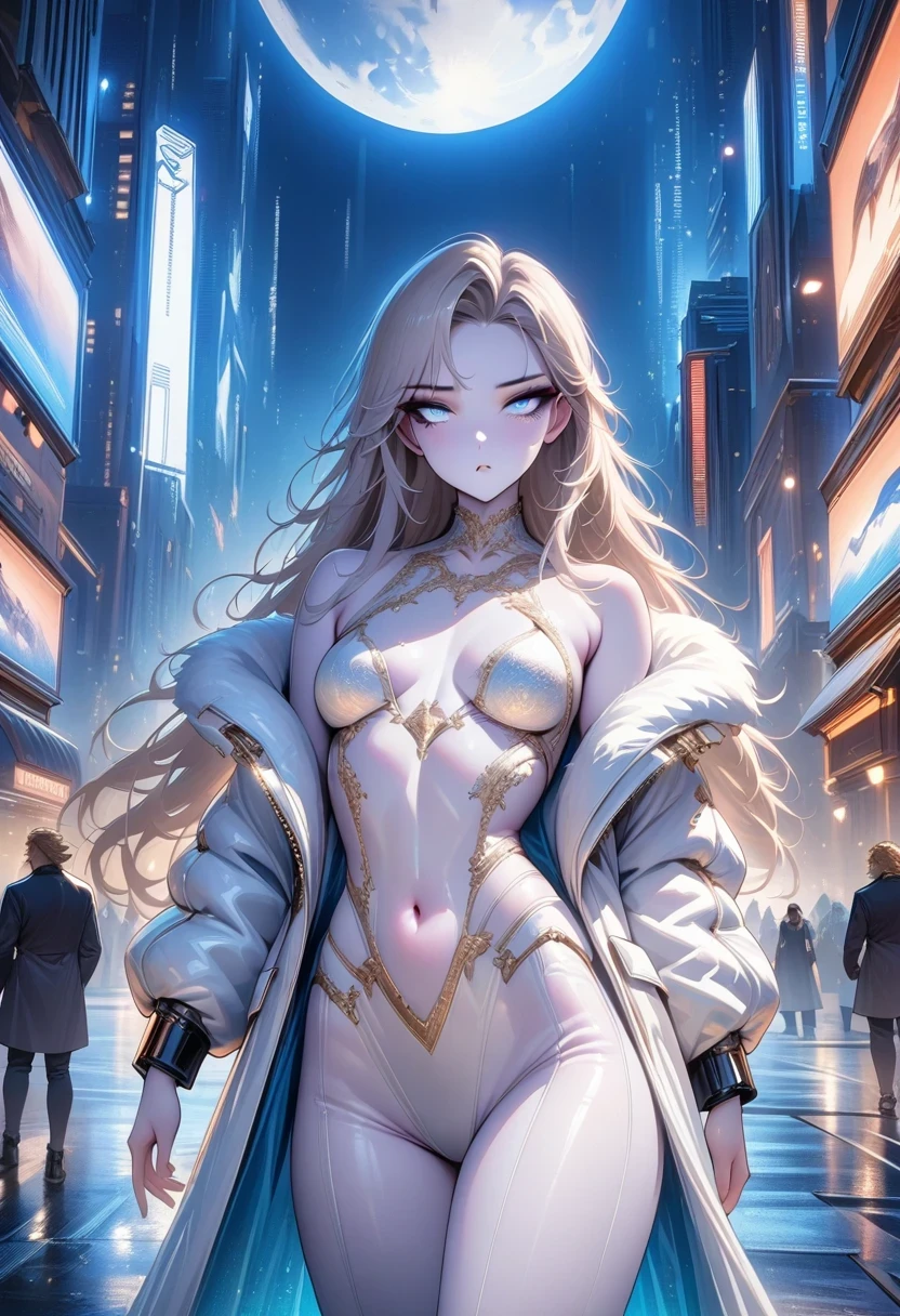 masterpiece, best quality, (alone focus), (perfect face:1.1), (high detail:1.1), (Super detailed eyes), dramatic, (1 person:0.5), (pale skin), golden long hair, ethereal eyes, (light eyebrows), alone, long hair, Jordan Barrett, moon, night, white luxury suit, cover navel, Pouting, fur, proud expression, futuristic city, Detailed background, Artgerm's artwork, movie lighting, Rose, Fashion, Balenciaga style
