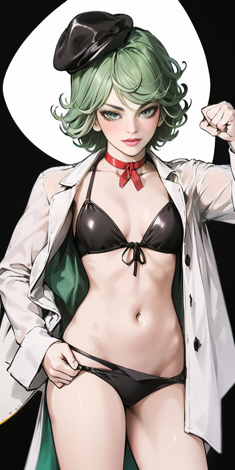 ((black background)) Tatsumaki kneel on WHITE sheet, short bob hair green hair, GREEN EYES, yello bikini, flight attendance hat, leather choker collar slave, lustful smirking smile face red blushed red cheeks, (hands on hips, clenching fist 👊 ✊️)