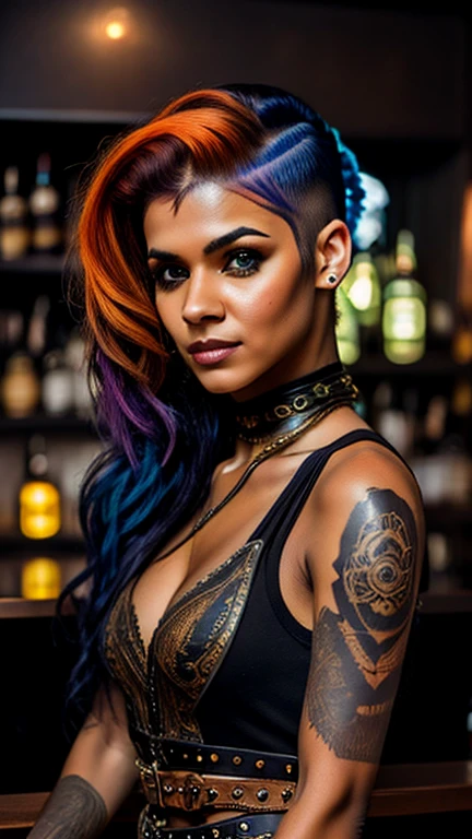 High resolution photo, ultra detailed body and face, European Indian mixed race 40 year old woman, cyberpunk hairstyle and the sides of the head shaved, main hair orange, side hair gold, clothing steampunk corsage made of etched leather with lace and many accessories and long steampunk mullet skirt made of etched Velvet with pointed and wide steampunk belt and steampunk women's boots, bright large gothic tattoos, full body pose casually standing at a bar counter looking into the camera, bar and bar counter in steampunk style, steampunk photo atmosphere at night