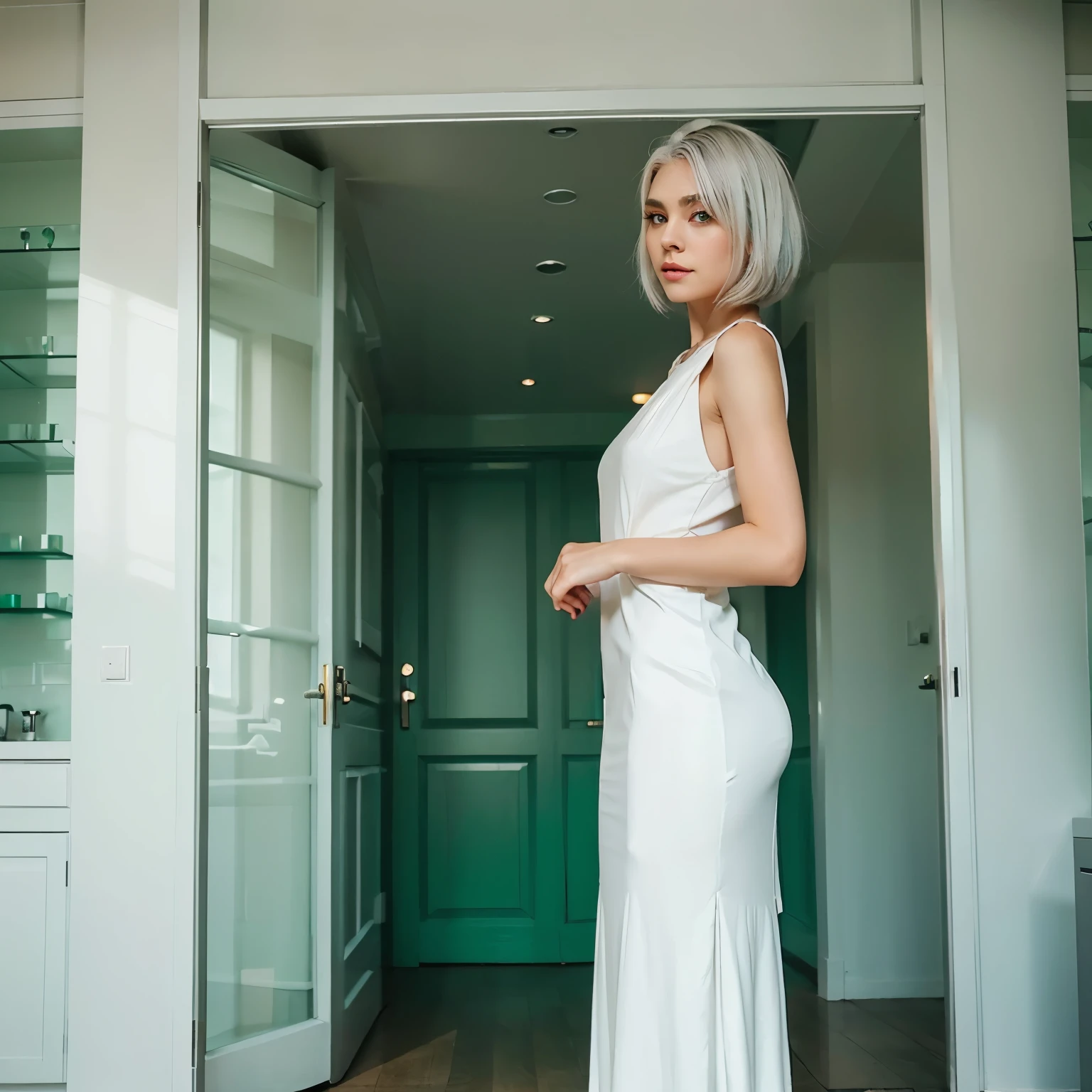 Girl with emerald green eyes, height 1.60, ashy white hair, light skin, an elegant dress,