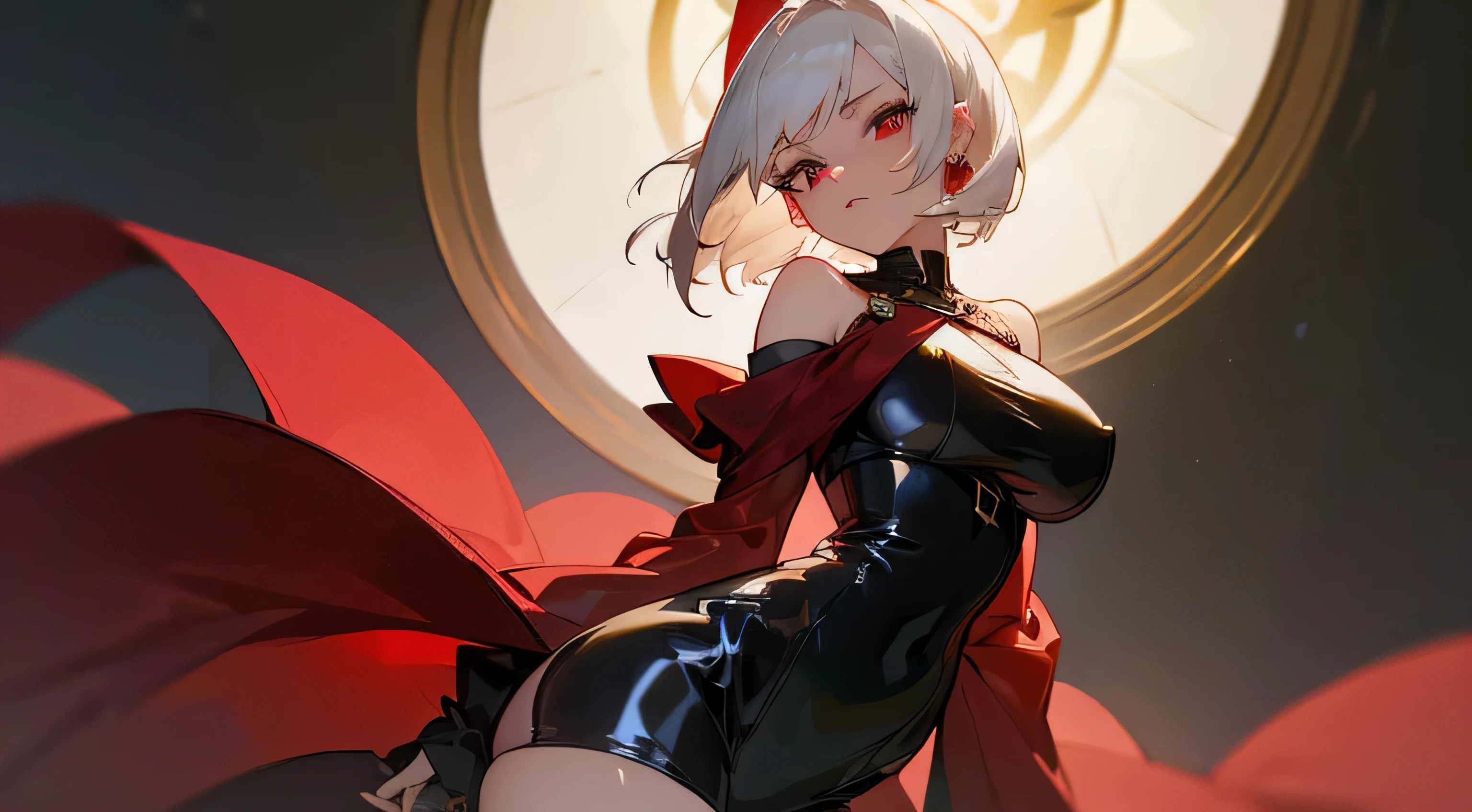 ((Best Quality, 8K, Masterpiece: 1.3)), 1girl, Beauty: 1.3, (Hairstyle Casual ,short white hair, Big Breasts: 1.2), black outfit: 1.1, Super Fine Face, Delicate red Eye color, green earings shaped like a cross, no sleeves, red cloak attached by gold round pins at the chest falling off shoulders, thigh high black latex,