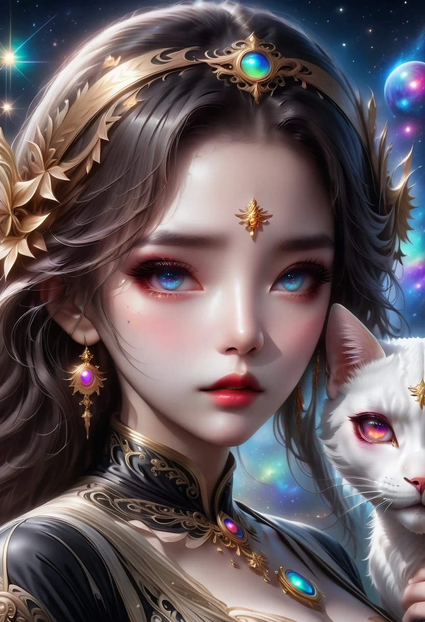 masterpiece, best quality, masterpiece, godlike quality, godlike art, The facial details are very rich, whole body, Highly realistic, Lovely, young girl, big eyes, long eyelashes, colorful hair, colorful eyes, shiny skin, plump lips, thick lips, shiny skin, blush, Magnificent views, in space, starry sky background, Star, shining light, colorful light, maid outfit