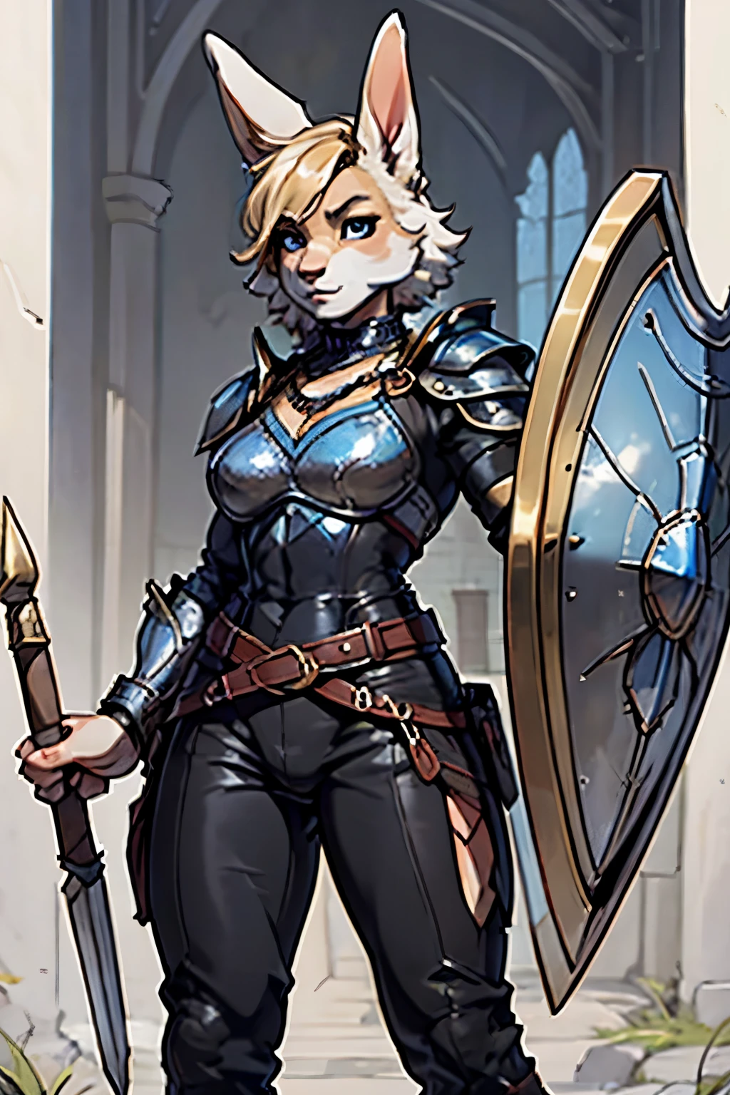 16k, HD, Professional, Highly Detailed, ((Masterpiece: 0.3)), (((High Quality))), Ultra-detailed face, Highly Detailed Lips, Detailed Eyes, full body, female, (anthro (rabbit)), fighter, ((chainmail) armor), (holding a (spear)), 2 legs, white fur, (holding (shield)), digitigrade legs, paw hands, furry face, pants, gold hair, messy, short hair, rabbit muzzle, high detail, clear lines