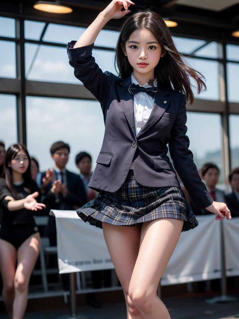(masterpiece, highest quality:1.4), award-winning portraits, 8K, 85mm, alone, beautiful face, delicate girl, , (dark navy blazer jacket), dark navy skirt, long sleeve, violaces, gardenia, grace, Sophisticated, cute, teen, looking at the viewer, 15 years old, Raw photo, disorganized, HDR, sharp focus, A bow tie, background bokeh、(((flat 、thin and delicate body、A childish atmosphere)))、Her shiny semi-long hair is tied up、hair swaying in the wind、Mole on the left cheek、large, round, dark blue eyes、full body、random pose、Run、sprinting、Skirt fluttering in the wind、Junior idol、Nogizaka Idol、widening skirt、jump、mole under eye、sexy
