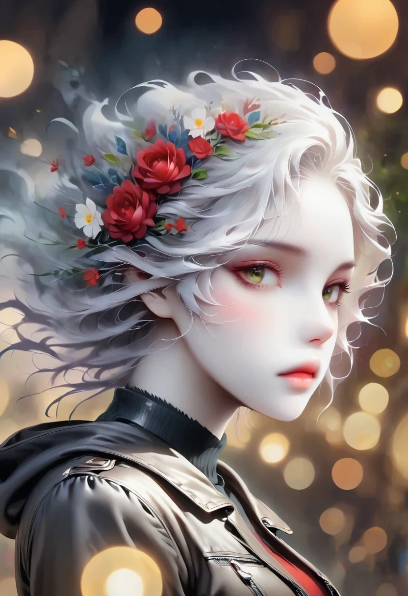 1 girl, vague, vague background, Bokeh, depth of field, glow, green eyes, halo, hood, hood down, Jacket, leather, leather Jacket, lips, looking at the audience, night, short hair, alone, Upper body, white hair