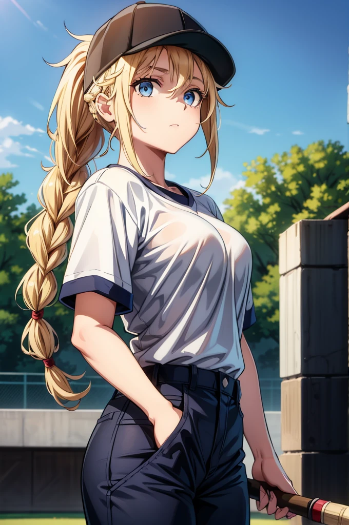 a female baseball player with blonde ponytail holding bat and baseball glove, 1girl, baseball cap, outdoors, solo, blue eyes, hat, blonde hair, braid, long hair, shirt tucked in, holding, short sleeves, shirt, day, looking at viewer, sky, breasts, pants, sportswear, white shirt, black headwear