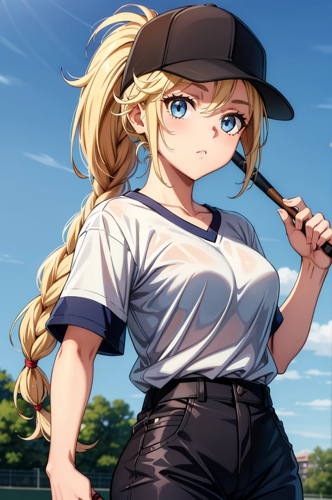 a female baseball player with blonde ponytail holding bat and baseball glove, 1girl, baseball cap, outdoors, solo, blue eyes, hat, blonde hair, braid, long hair, shirt tucked in, holding, short sleeves, shirt, day, looking at viewer, sky, breasts, pants, sportswear, white shirt, black headwear