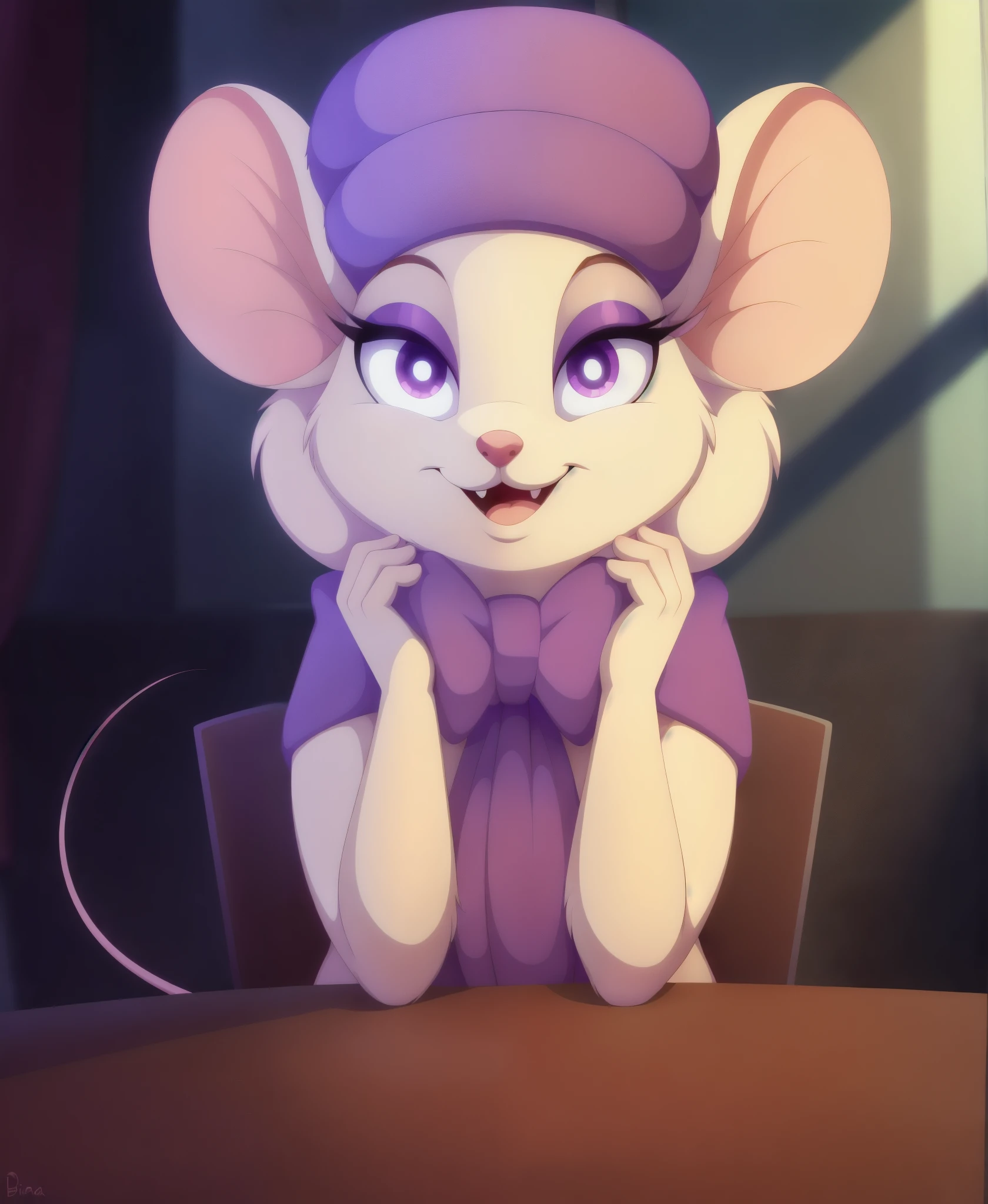 solo female ((Miss Bianca )) with ((clear eyes)), (female mouse), (smile), ((upper body shot)), ((sitting at a caf table)), ((hands down)), (tail), (purple hat), (purple scarf), BREAK. (8k), (vector art), (detailed lighting), (detailed fur), ((day time)), ((((looking at viewer)))), (((front view))), [backlighting], [detailed ambient light], [grey natural lighting], (((depth of field))), [sharp focus], (hi res), ((masterpiece)), ((sfw))