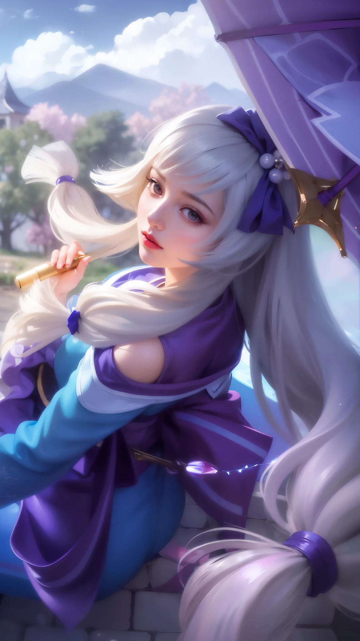 girl with long white hair sitting on a rock with a purple umbrella, red lips glossy, 8k, ultra hd, ultra detailed texture, hyper realistic, masterpiece, detailed texture, detailed face, detailed skin, detailed lighting, (photorealistic:1.5), best quality, beautiful lighting, cinematic lighting, professional lighting, ultra highres, realistic, detailed hair, real hair, high quality, (realskin:1.5), extremely detailed, finely detail, ultra-detailed