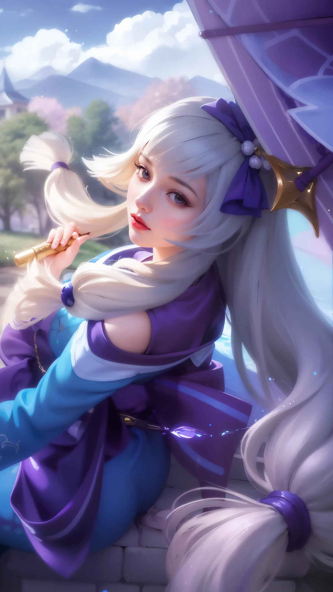 girl with long white hair sitting on a rock with a purple umbrella, red lips glossy, 8k, ultra hd, ultra detailed texture, hyper realistic, masterpiece, detailed texture, detailed face, detailed skin, detailed lighting, (photorealistic:1.5), best quality, beautiful lighting, cinematic lighting, professional lighting, ultra highres, realistic, detailed hair, real hair, high quality, (realskin:1.5), extremely detailed, finely detail, ultra-detailed