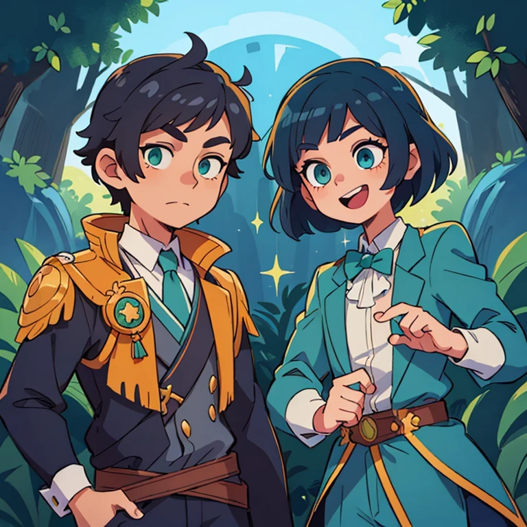((masterpiece, Best quality)), ((style-swirlmagic):0 Prince in knight'suit,, dark blue hair, green eyes,)happy, bright, colorful, fantasy,