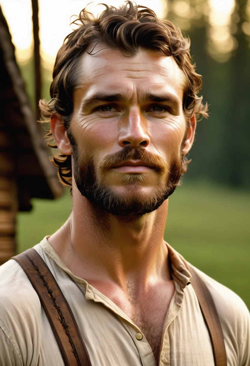 (highly detailed, soft light, photorealistic, dynamic light; cinematic); victorian-era; 1820s; 30 year old man; English; 1820s outdoorsman; strikingly handsome; high cheekbones; broad manly muscular jaw and chin; square face-shape; strong well-shaped nose; strapping; tough confident expression; masculine face with several scars; charismatic; grizzled; intense desirous expression; manly passionate air; very attractive; burly broad figure; ruddy weathered skin; unkempt stubble; natural light-blue eyes; thick strong chestnut-brown eyebrows; carefully-shaped 1820s sideburns; 1820s thick brown coat, open; 1820's union shirt, ripped open and showing chest; 1820s suspenders connected to pants; broad muscular strong very hairy chest; short styled chestnut-brown hair in 1820's hairstyle; full firm masculine lips; standing in an 1820s intimate cosy log cabin at night-time with 1820s oil lamp in the background; looking at camera