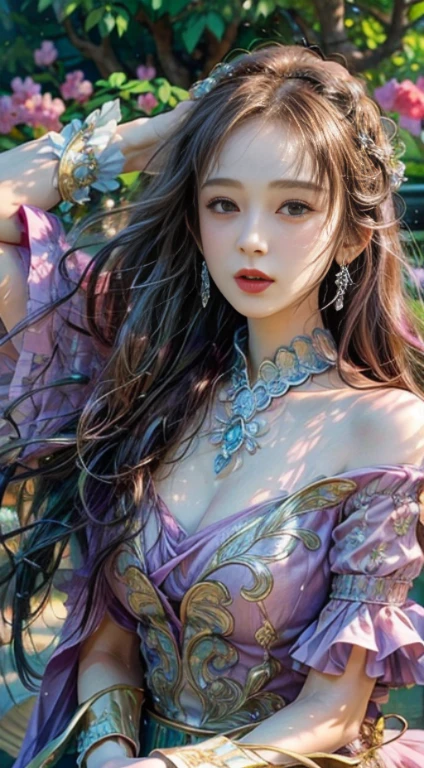 (highest quality,4k,8K,High resolution,masterpiece:1.2),Super detailed,(now,realisticに,realistic:1.37),girl in a luxurious blue dress,eyes were shining with joy, her lips were slightly curved,優しいsmileを見せる. The sun casts a warm golden light on her face, Complements her beauty even more. Flower colors are bright pink and purple、Rich in gentle pastel colors。, Create harmonious and visually pleasing works. soft and diffused lighting, Creates a fantastical and magical atmosphere. girl standing in the middle of the field, Please raise your arms a little, Enjoy the beauty of nature. Carefully Balanced Formula, girl'Off-center position, Create a sense of movement and vitality. The details of the flowers are very carefully drawn......, Carefully expressing each petal and leaf.. girl'The skirt wraps her elegantly, Adds elegance and femininity to the scene. all inclusive, Works that evoke joyful feelings, enshrine, and appreciation for the beauty of nature.smile