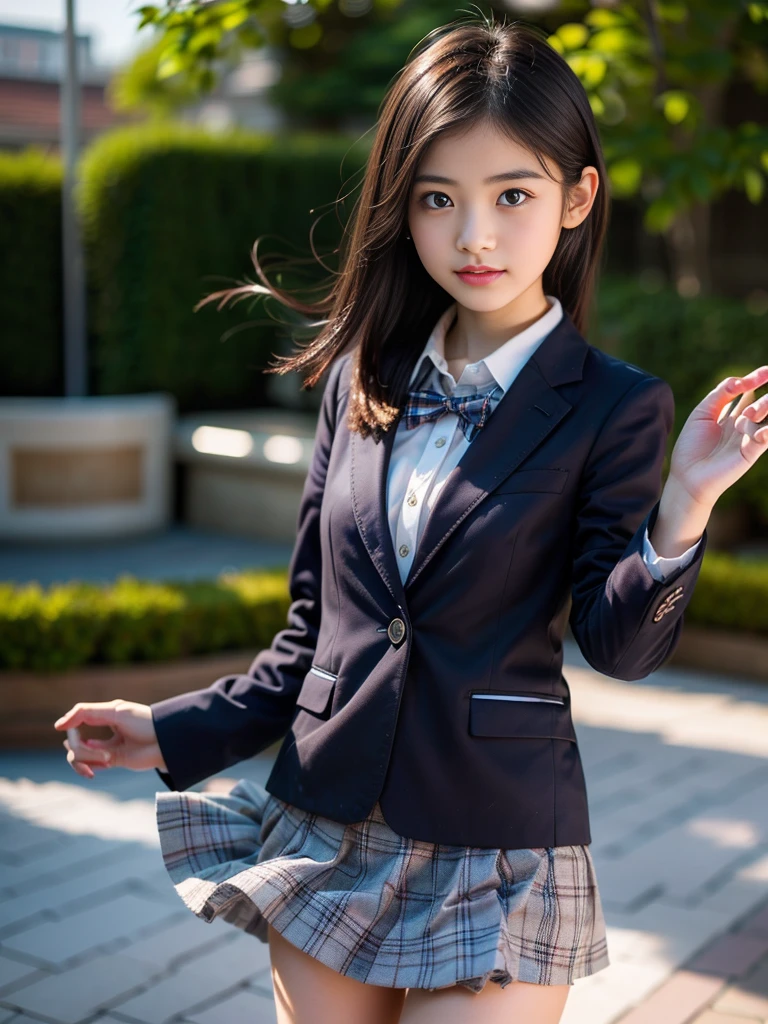 One Woman、((Standing wearing a blazer and miniskirt school uniform))、,((small breasts)),Highest quality、Very delicate and beautiful、((Very short bangs))、((Bangs))、明るいShiny black hair、Highest quality、Very delicate and beautiful、((Very short bangs))、((blunt bangs))、Shiny black hair、((long hair))、Cute face、Young face、Cute like an idol、Are thin、Slim figure、slender、Short、 body type、((The background is a Japanese townscape))、Thighs、Photographed from the front、The best smile、