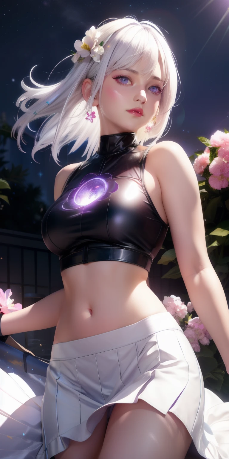 realistic, 1girl, white hair, purple eyes, glowing eyes, crop top, skirt, parted lips, blush, night, flowers, sun, sunlight,