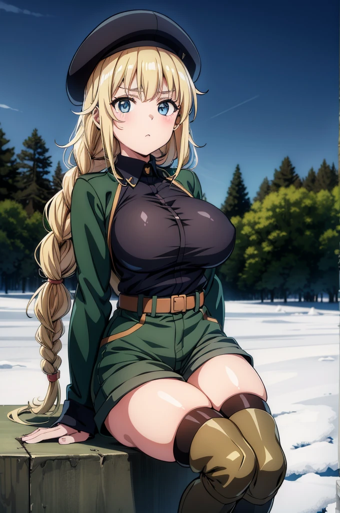 pov, (best quality, ultra-detailed, highres, hyper detailed, anime pictures), beautifully nonna \(girls und panzer\), black long hair, blue eyes, large breast, dark green winter coat, dark green military pants, black military gloves, abashiri city, hokkaido, snow, outdoors, (leaning over on armytank:1.4), (gleaming skin, shiny hair, detailed clothes),,eiko tsukimi,(((blonde hair))), blue eyes, braid, twin braids, long hair, baseball cap, multicolored jacket, white shirt, shorts, (pantyhose), medium boots,nikkeanis, aniswear, cross-eyed, short_hair, large_breasts hair_ornament, thighhighs, hat, cleavage, brown_eyes, jacket, yellow_eyes, short shorts, beret, black_thighhighs, shorts, boots, knee pads