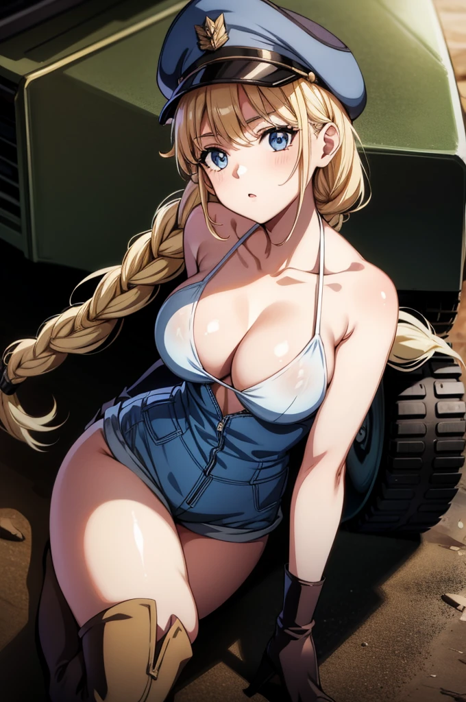 this is the beautiful blonde dressed as a soldier next to a tank, 1girl, tank, breasts, military vehicle, ground vehicle, military, motor vehicle, blonde hair, solo, braid, twin braids, hat, blue eyes, thighhighs, shorts, looking at viewer, cleavage, bikini, swimsuit, boots, peaked cap, open clothes, long hair, white bikini