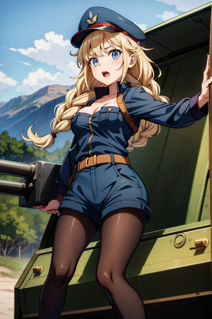 cartoon girl with a big chest poses on a military vehicle with a cannon near by, military vehicle, 1girl, tank, breasts, ground vehicle, solo, blonde hair, blue eyes, pantyhose, shorts, motor vehicle, military, jacket, hat, braid, long hair, cleavage, looking at viewer, open mouth, sky, twin braids