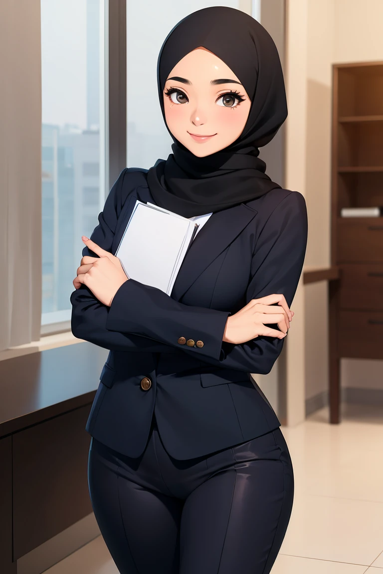 Nude 24 year old teenage malay woman with hijab,wearing office suit,tight pants, smiling closed mouth