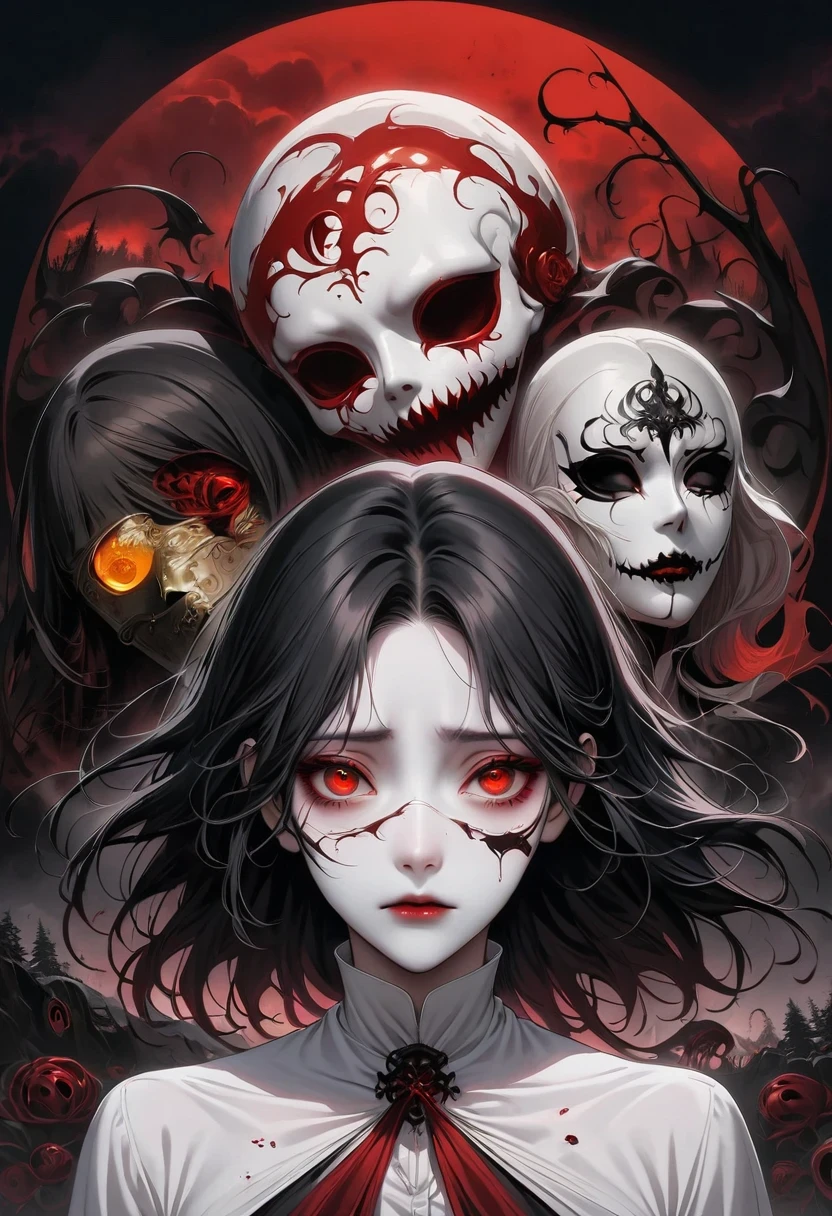 dark creepy cover art of an orphanage sitting on a hill that's on fire, hell is coming up from underneath it with giant bone like hands, horror, night, fall weather, with a small town ground level, kids with glowing red eyes