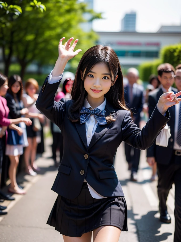 (masterpiece, highest quality:1.4), award-winning portraits, 8K, 85mm, alone, beautiful face, delicate girl, , (dark navy blazer jacket), dark navy skirt, long sleeve, violaces, gardenia, grace, Sophisticated, cute, , looking at the viewer, 15 yw photo, disorganized, HDR, sharp focus, A bow tie, background bokeh、(((flat 、thin and delicate body、A childish atmosphere)))、shiny semi-long hair、hair swaying in the wind、Mole on the left cheek、large, round, dark blue eyes、full body、random pose、Run、(sprinting、Skirt fluttering in the wind)、Junior idol、Nogizaka Idol、widening skirt、jump、mole under eye、Jumping into the audience with open arms