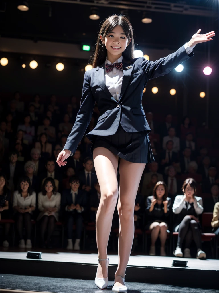 (masterpiece, highest quality:1.4), award-winning portraits, 8K, 85mm, alone, beautiful face, delicate girl, , (dark navy blazer jacket), dark navy skirt, long sleeve, violaces, gardenia, grace, Sophisticated, cute, teen, looking at the viewer, 15 years old, Raw photo, disorganized, HDR, sharp focus, A bow tie, background bokeh、(((flat 、thin and delicate body、A childish atmosphere)))、shiny semi-long hair、hair swaying in the wind、Mole on the left cheek、large, round, dark blue eyes、full body、random pose、Run、(sprinting、Skirt fluttering in the wind)、Junior idol、Nogizaka Idol、widening skirt、jump、mole under eye、Jumping into the audience with open arms