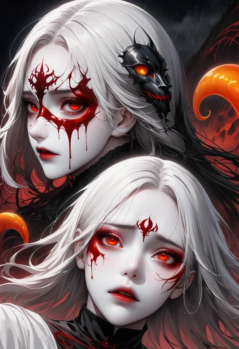 Close-up of big demonic eyes, compound eye, Unique Demonic Ghoul, unusual student,Kaneki, monochrome, radioactive light, anime 2018::1, tangerine::1, neon color::1,, part 1.5, Detailed face, super quality, hypergraphics, 开flower1.0, Blood-sucking ghost, depressed, Surreal, anime reality,anime girl, dark gothic style, high dynamic range, RTX, body torn apart , Detailed face,soft light, Shen Haicheng,number,looking up at camera", 8K, dreamy big eyes,vague, smooth and soft skin, clone face, Symmetrical,Neon liquid, Leak out from in eyes,animation art,photo, cracked face , ......key: tangerine, in eyes, actual, actual light, actual anime, Realistic shadows, liquid, Depressive, cloud, 樱flower, lily , delicate eyes, eyes focus, eyelash, Fluffy lower eyelash:1.5, pale face, Very tangerine eyes, eerie atmosphere, scary pictures, trees, mist, Neon tangerine liquid, flowing down from the tree, dark atmosphere, body torn apart, braid, rain, There is blood on the ground, fire, Eye close-up,better generation, super generation, 3000 generations, 2048×2048......, facial details, Detail clothes, Symmetrical balance, tokyo ghoul, , Castlevania, Blood-sucking ghost, Kaneki, Anime 2020, water and sky, black hair,Detailed hair, tokyo ghoul, , Castlevania, Kaneki, Blood-sucking ghost, depressive art, depressed, Burnout, sad, cry, pain, black smoke, black energy, tentacle, Divine sound, Blood, Blood on face, a sea of blood, shackles, barbed wire, fire, wide angle camera, Many exquisite details, lily, 樱flower, Sweet, Centipede, black background, Horror film, There are holes in the shell, die inside, art of death, lying on the grass, comic style, comic style, multiple frames, body destroyed, comic page, Eyes are everywhere, There are many eyes in the background, Ishida Sui&#39;s paintings, The Art of Ishida Sui, Ishidaho&#39;s style, Two people, fully grown, Depressive posture, flower