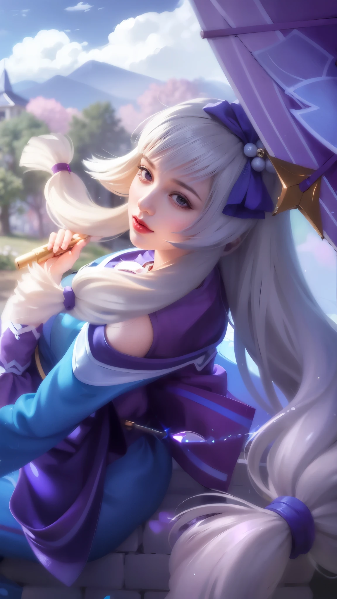girl with long white hair sitting on a rock with a purple umbrella, red lips glossy, 8k, ultra hd, ultra detailed texture, hyper realistic, masterpiece, detailed texture, detailed face, detailed skin, detailed lighting, (photorealistic:1.5), best quality, beautiful lighting, cinematic lighting, professional lighting, ultra highres, realistic, detailed hair, real hair, high quality, (realskin:1.5), extremely detailed, finely detail, ultra-detailed