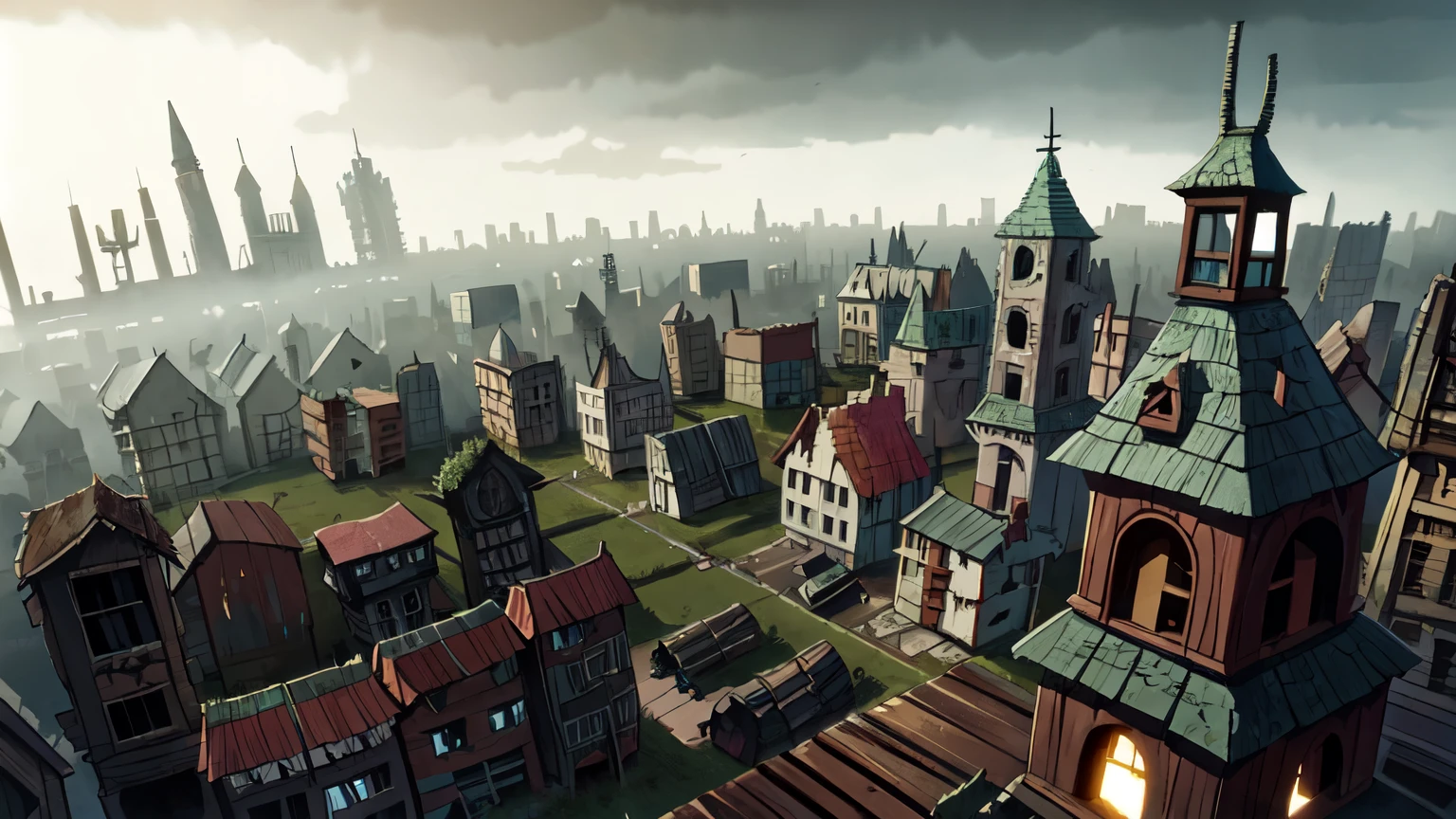 Fantasy City, Destroyed, city ruins, Wooden houses, Destroyedный замок, ruins of the city, Gloomy Atmasphere, It&#39;s a nasty day, The sky is overcast, fantasy city ruins
