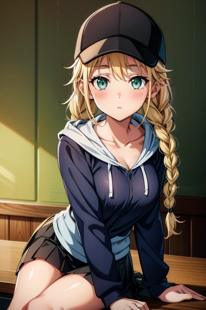 a young woman sitting in lap position on desk pointing finger at viewer, 1girl, solo, sitting, hat, hood, breasts, baseball cap, hoodie, long hair, green eyes, blonde hair, braid, skirt, looking at viewer, twin braids, blush, pointing, collarbone, large breasts, black skirt, hood down, monitor, pleated skirt