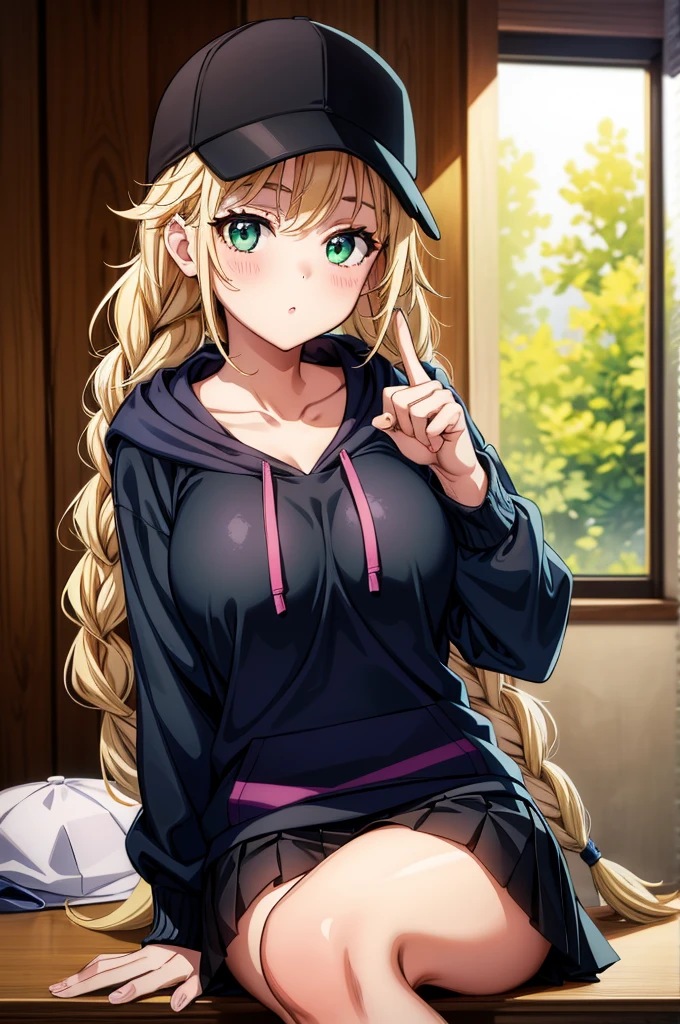 a young woman sitting in lap position on desk pointing finger at viewer, 1girl, solo, sitting, hat, hood, breasts, baseball cap, hoodie, long hair, green eyes, blonde hair, braid, skirt, looking at viewer, twin braids, blush, pointing, collarbone, large breasts, black skirt, hood down, monitor, pleated skirt