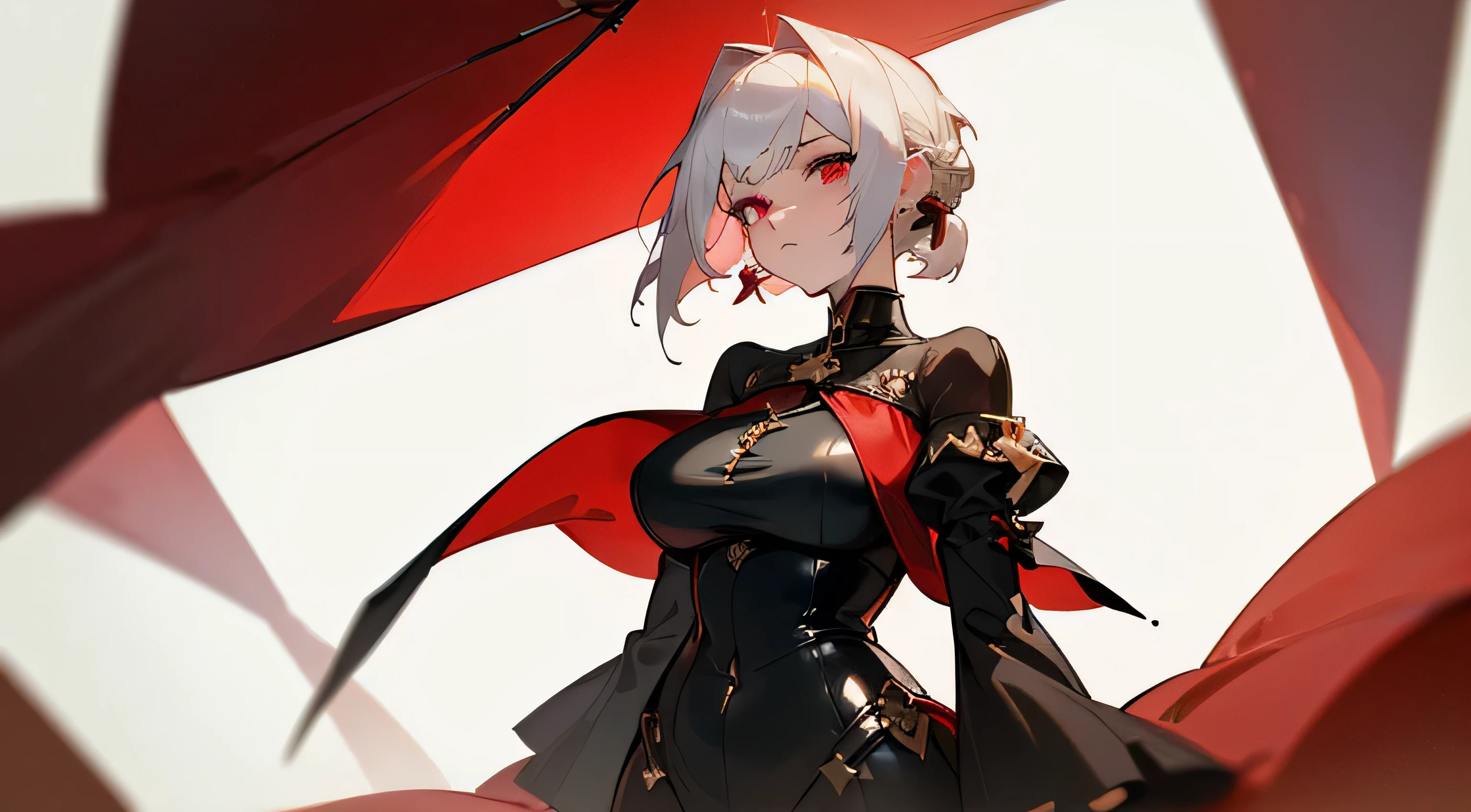 ((Best Quality, 8K, Masterpiece: 1.3)), 1girl, Beauty: 1.3, (Hairstyle Casual ,short white hair, Big Breasts: 1.2), black outfit: 1.1, Super Fine Face, Delicate red Eye color, green earings shaped like a cross, no sleeves, red cloak attached by gold round pins at the chest falling off shoulders, thigh high black latex,