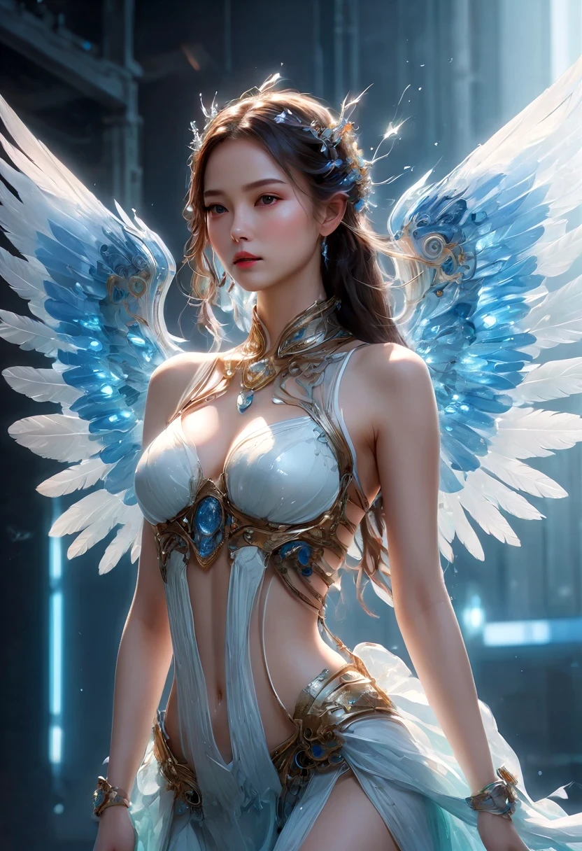 Translucent ethereal mechanical girl,Futuristic Angel Mechanical Joints,translucent mechanical wing,High resolution portraits with vibrant colors and intricate details,great art. (best quality,4K,8K,high resolution,masterpiece:1.2),Super detailed,(actual,lifelike,photorealistic:1.37),high dynamic range,ultra high definition,studio lighting,Ultra-fine coating,sharp focus,Physically based rendering,extremely detailed description,professional,bright colors,Bokeh,sportswear,concept artist