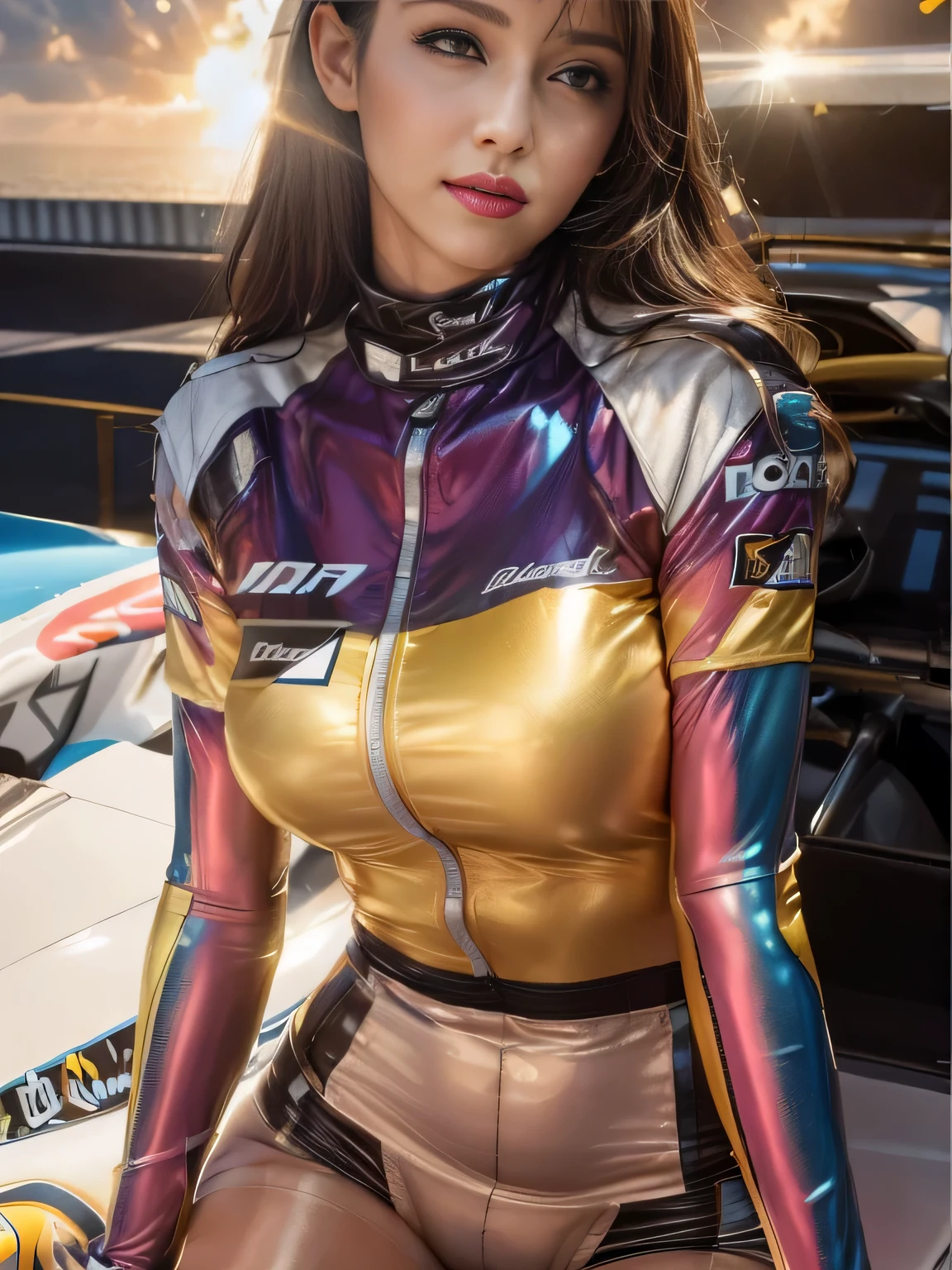 Woman in shiny suit posing on a boat, league of legends senna, lost run 8k, close body shot, WLOP and ross tran, & Lee Ji Hyun & WLOP, IG model | art germ, futuristic shiny latex suit, chrome costume, WLOP glossy skin, Professional Body Painting, gold body