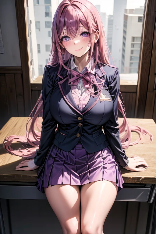 A pink haired woman with violet eyes in an hourglass figure is wearing a conservative student uniform is smiling at a school desk