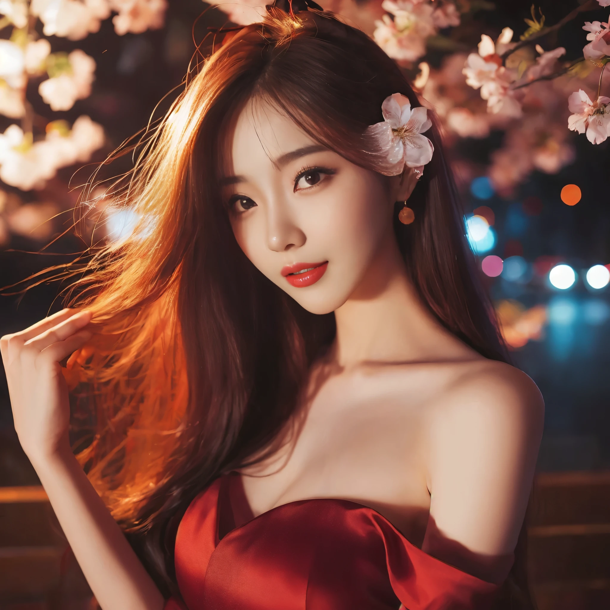 Close-up of a woman in a red dress posing for a photo, beautiful south korean woman, beautiful young korean woman, gorgeous young korean woman, korean girl, beautiful asian girl, Asian girl with long hair, glow red, 8k artistic german bokeh, Chinese girl, korean woman, Urzan, beautiful asian woman, Gorgeous Chinese model, high quality portraits