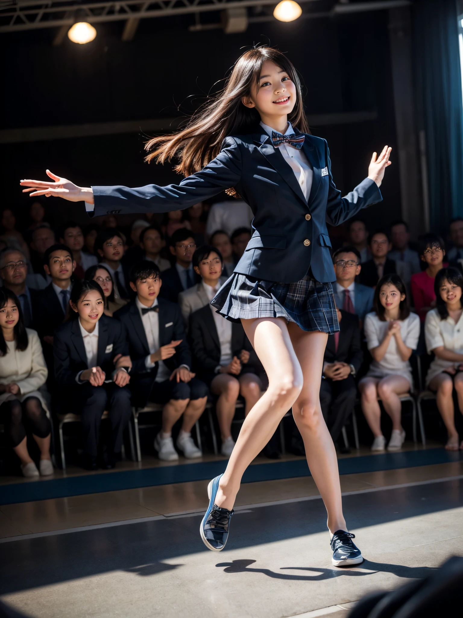 (masterpiece, highest quality:1.4), award-winning portraits, 8K, 85mm, alone, beautiful face, delicate girl, , (dark navy blazer jacket), dark navy skirt, long sleeve, violaces, gardenia, grace, Sophisticated, cute, teen, looking at the viewer, , Raw photo, disorganized, HDR, sharp focus, A bow tie, background bokeh、(((flat 、thin and delicate body、A childish atmosphere)))、shiny semi-long hair、hair swaying in the wind、Mole on the left cheek、large, round, dark blue eyes、full body、random pose、Run、(sprinting、Skirt fluttering in the wind)、Junior idol、Nogizaka Idol、widening skirt、jump、mole under eye、Jumping into the audience with open arms