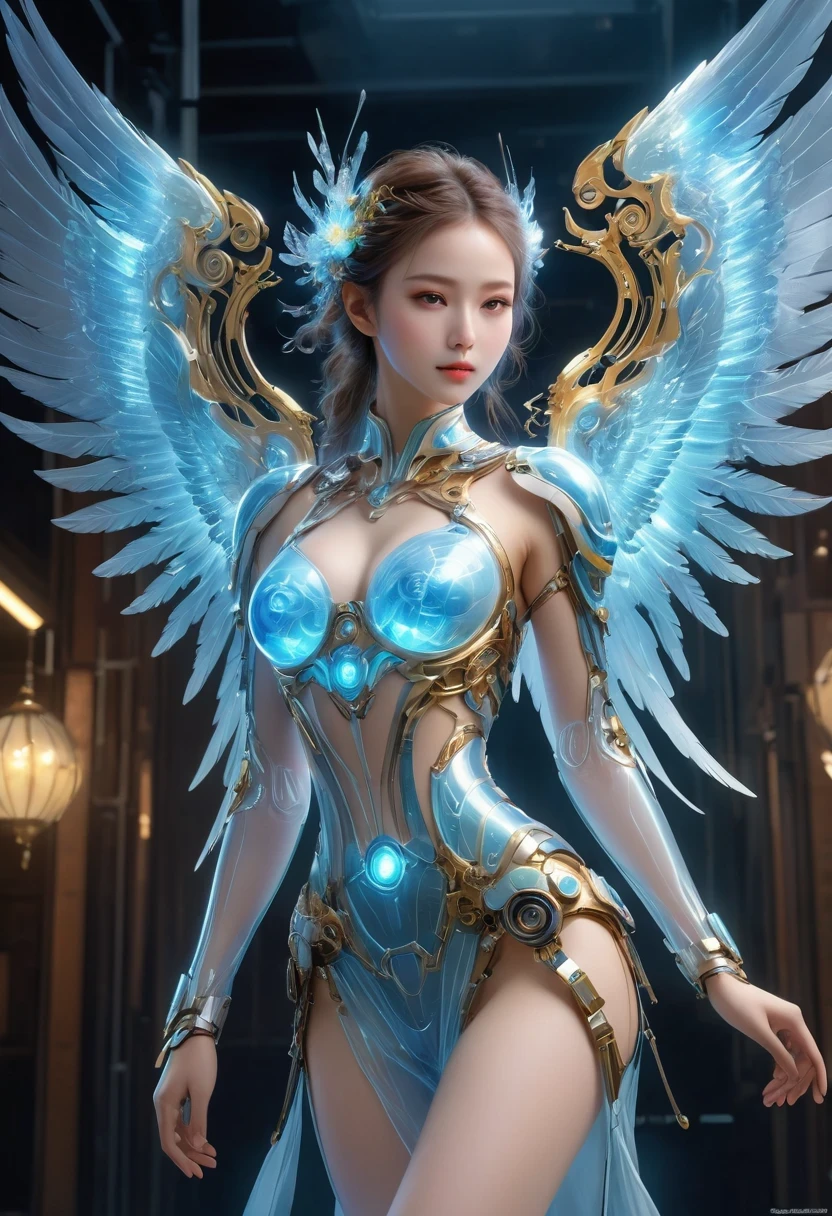 Translucent ethereal mechanical girl,Futuristic Angel Mechanical Joints,translucent mechanical wing,High resolution portraits with vibrant colors and intricate details,great art. (best quality,4K,8K,high resolution,masterpiece:1.2),Super detailed,(actual,lifelike,photorealistic:1.37),high dynamic range,ultra high definition,studio lighting,Ultra-fine coating,sharp focus,Physically based rendering,extremely detailed description,professional,bright colors,Bokeh,sportswear,concept artist