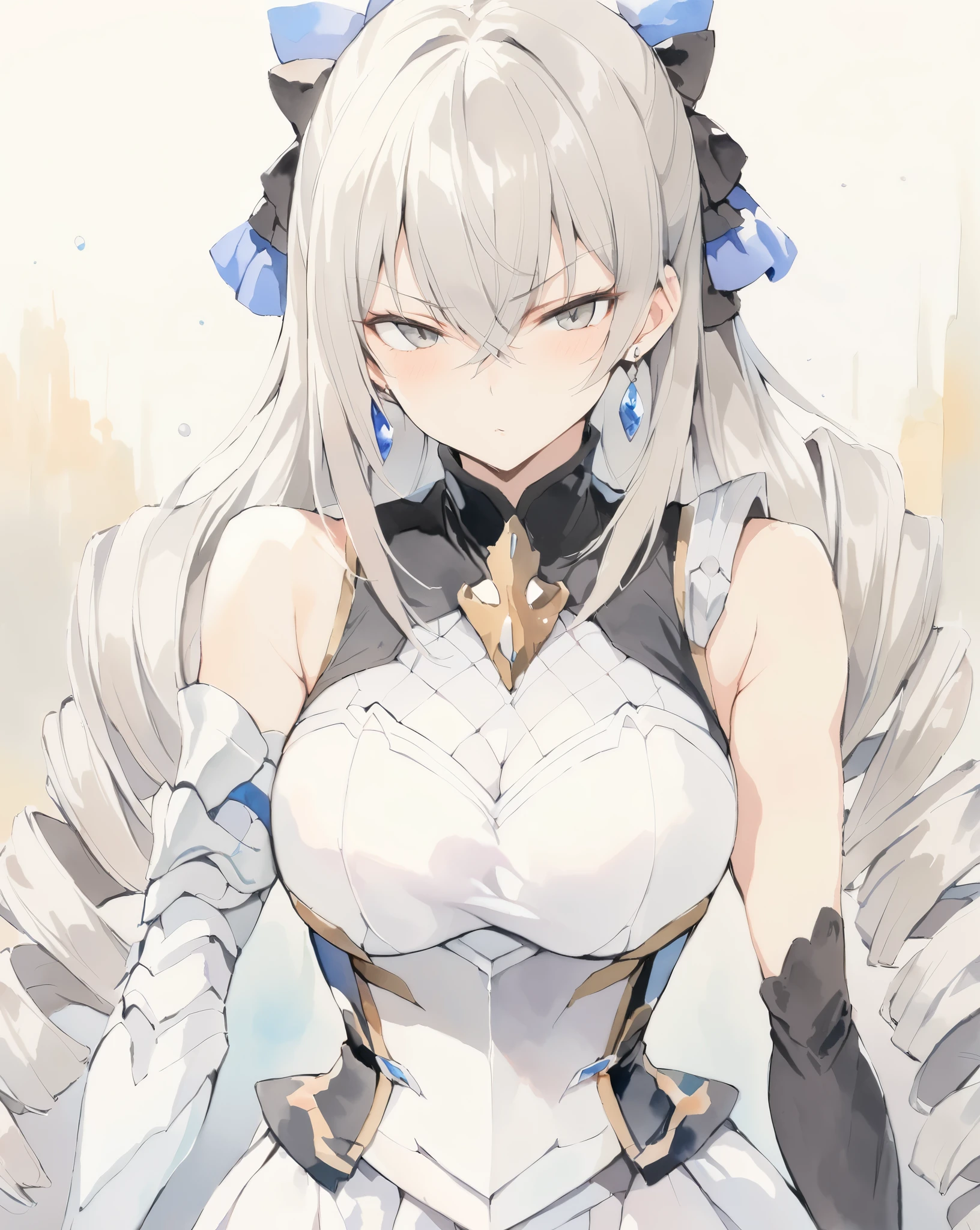 masterpiece, best quality, watercolor (medium), 1 girl, Bronya Zajczyk, breast, alone, long hair, split, gray hair, gray eyes, Shut up, earrings, Bangs, jewelry, skirt, bare shoulders, sleeveless, hair between eyes, 单pauldron, looking at the audience, large breast, armor, shoulder armor, drill hair, sleeveless skirt, Upper body, single sleeve, double diamond, white skirt, pauldron, Poker face