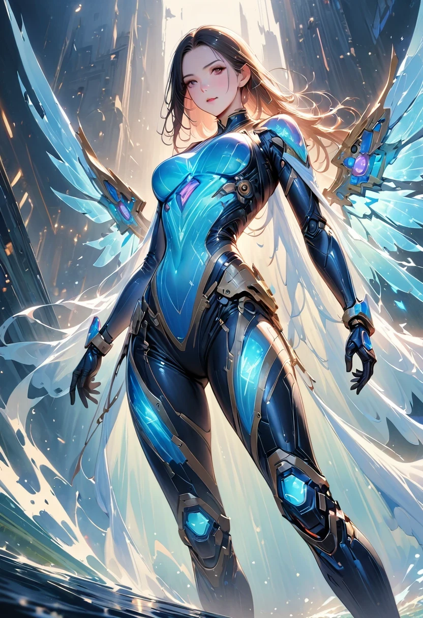 Translucent ethereal mechanical girl,Futuristic Angel Mechanical Joints,translucent mechanical wing,High resolution portraits with vibrant colors and intricate details,great art. (best quality,4K,8K,high resolution,masterpiece:1.2),Super detailed,(actual,lifelike,photorealistic:1.37),high dynamic range,ultra high definition,studio lighting,Ultra-fine coating,sharp focus,Physically based rendering,extremely detailed description,professional,bright colors,Bokeh,sportswear,concept artist