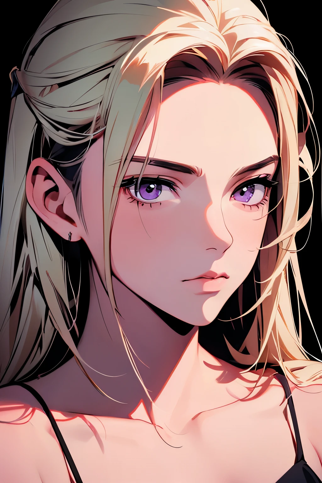 2d illustration, anime, a painting portrait in fine arts, in manhwa style, Bishamon from noragami, 1girl, blond, long hair, big hair, purple eyes, makeup, beautiful, high definition, masterpiece, best quality, high detail, high detailed eyes, grain filter, Detailed lips, high resolution, ultra-detalhado, retrato, mulher caucasiana, realista proportions, Anatomicamente preciso, bochechas rosadas; intimate distance, dark lighting, alta qualidade, premiado, high resolution, 8k, dark atmosphere, killing energy, angry
