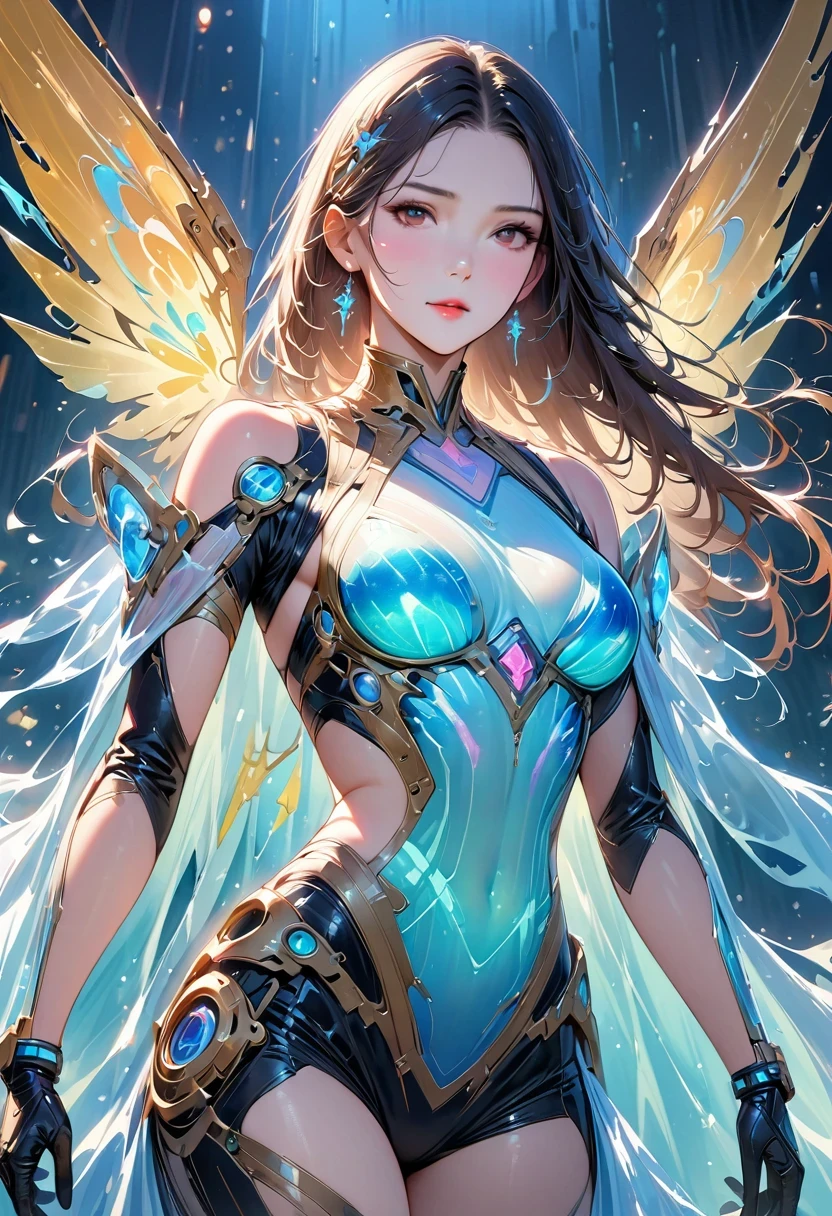 Translucent ethereal mechanical girl，Futuristic Angel Mechanical Joints，translucent mechanical wing，High resolution portraits with vibrant colors and intricate details,great art. (best quality,4K,8K,high resolution,masterpiece:1.2),Super detailed,(actual,lifelike,photorealistic:1.37),high dynamic range,ultra high definition,studio lighting,Ultra-fine coating,sharp focus,Physically based rendering,extremely detailed description,professional,bright colors,Bokeh,sportswear,concept artist