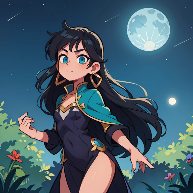 ((masterpiece, Best quality)), ((style-swirlmagic):0.4),
1 prince in knightly costume,, dark blue hair, green eyes , and one girl, black hair, and blue eyes,,night sky moon happy, bright, colorful, fantasy,