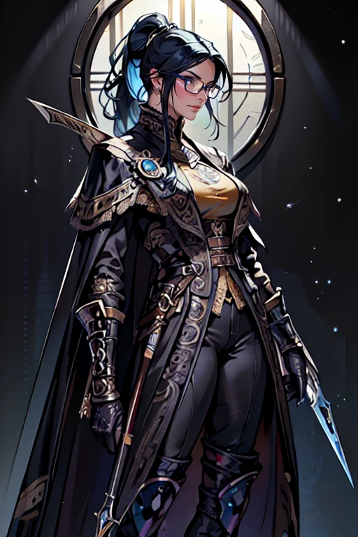 (masterpiece, best quality, highres:1.2), (photorealistic:1.2), (intricate and beautiful:1.2), (detailed light:1.2), (soft lighting, side lighting, reflected light), (colorful, dynamic angle), wallpaper illustration, full body shot, extremely gorgeous hunter woman,1 mecanical arm, using a black overcoat, black pants, round glasses with yellow lenses, dark skin, ponytail blue hair, blue eyebrows, blue eyelash, huge breast, black lips, long legs, tall body, seductive body, royal aura, toxic, holding a crossbow, dynamic pose, light passing through hair, (abstract background:1.3), (official art), (perfect skin), (sharp),