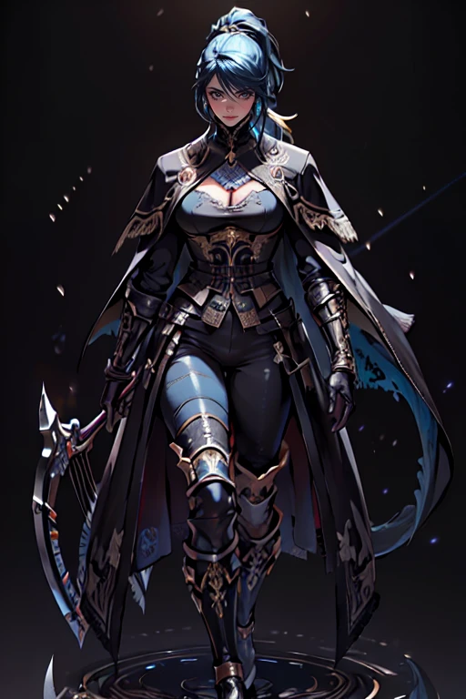 (masterpiece, best quality, highres:1.2), (photorealistic:1.2), (intricate and beautiful:1.2), (detailed light:1.2), (soft lighting, side lighting, reflected light), (colorful, dynamic angle), wallpaper illustration, full body shot,  extremely gorgeous hunter woman,1 mecanical arm, using a black overcoat, black pants, round glasses with yellow lenses, dark skin, ponytail blue hair, blue eyebrows, blue eyelash, huge breast, black lips, long legs, tall body, seductive body, royal aura, toxic, holding a crossbow, dynamic pose, light passing through hair, (abstract background:1.3), (official art), (perfect skin), (sharp),   