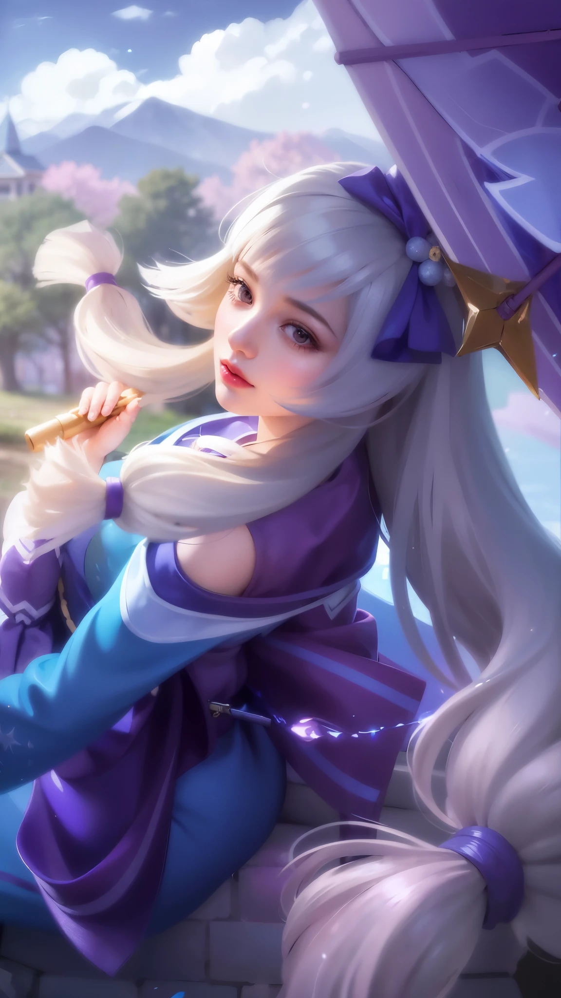 girl with long white hair sitting on a rock with a purple umbrella, red lips glossy, 8k, ultra hd, ultra detailed texture, hyper realistic, masterpiece, detailed texture, detailed face, detailed skin, detailed lighting, (photorealistic:1.5), best quality, beautiful lighting, cinematic lighting, professional lighting, ultra highres, realistic, detailed hair, real hair, high quality, (realskin:1.5), extremely detailed, finely detail, ultra-detailed