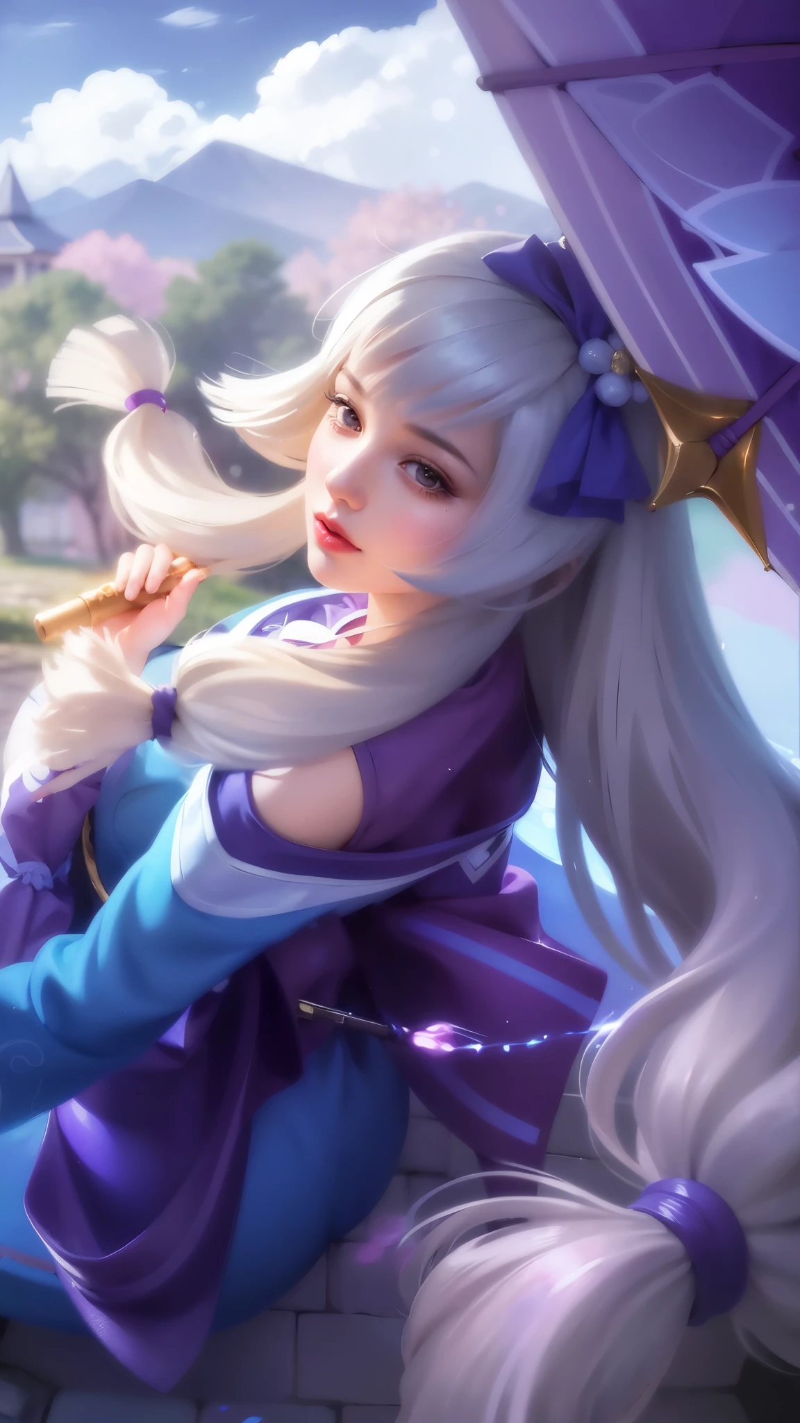 girl with long white hair sitting on a rock with a purple umbrella, red lips glossy, 8k, ultra hd, ultra detailed texture, hyper realistic, masterpiece, detailed texture, detailed face, detailed skin, detailed lighting, (photorealistic:1.5), best quality, beautiful lighting, cinematic lighting, professional lighting, ultra highres, realistic, detailed hair, real hair, high quality, (realskin:1.5), extremely detailed, finely detail, ultra-detailed