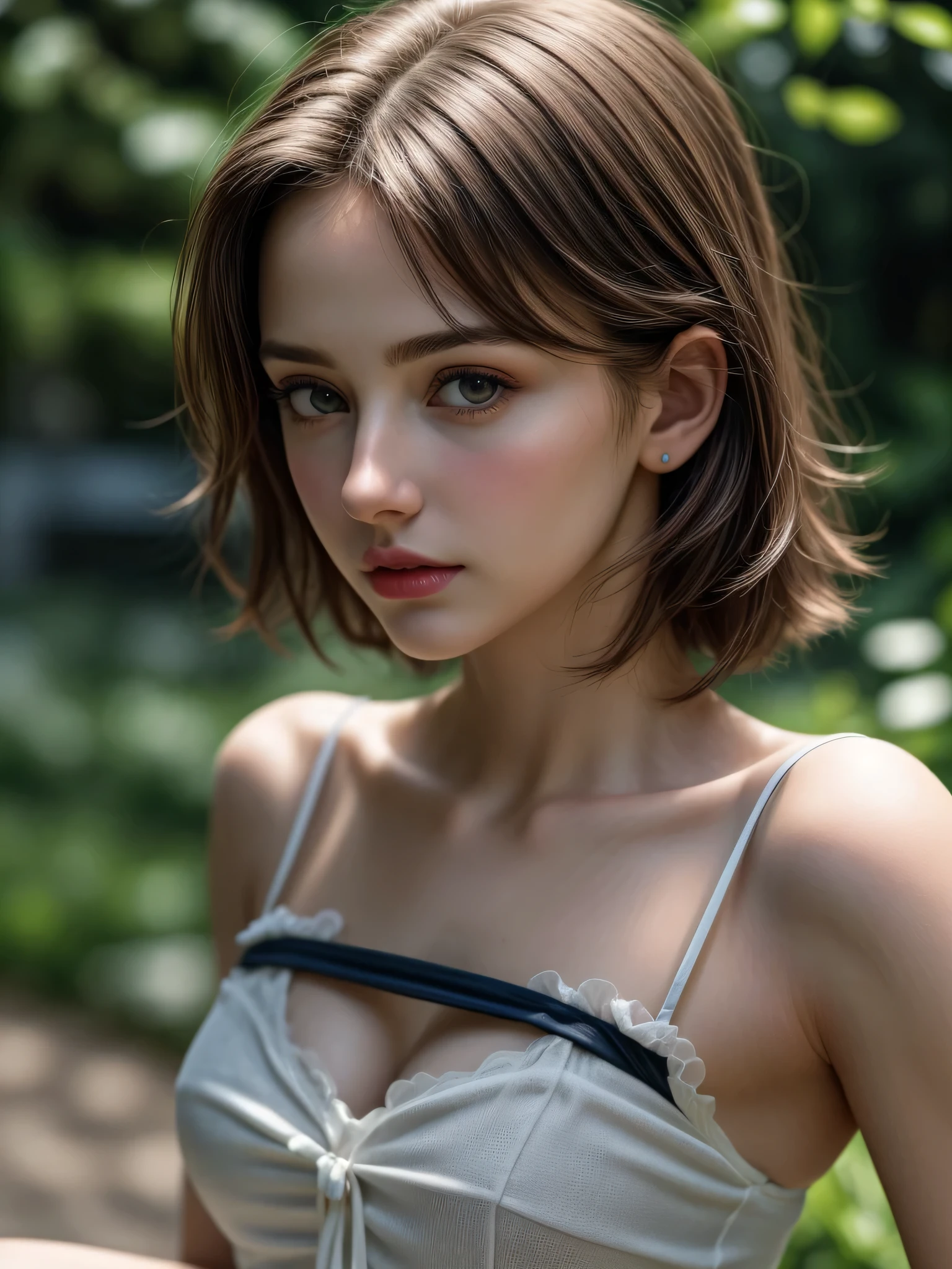 (Masterpiece, best quality, photorealistic, highres, photography, :1.3), very close-up shot, sharp focus, 1 brunette girl, European girl, hot model, midriff, highly detailed eyes and pupils, realistic skin, slim body shape, cleavage, extremely detailed short hair, delicate sexy face, sensual gaze, shiny lips, ((wearing camisole)), outdoor, ((realistic, super realistic, realism, realistic detail))